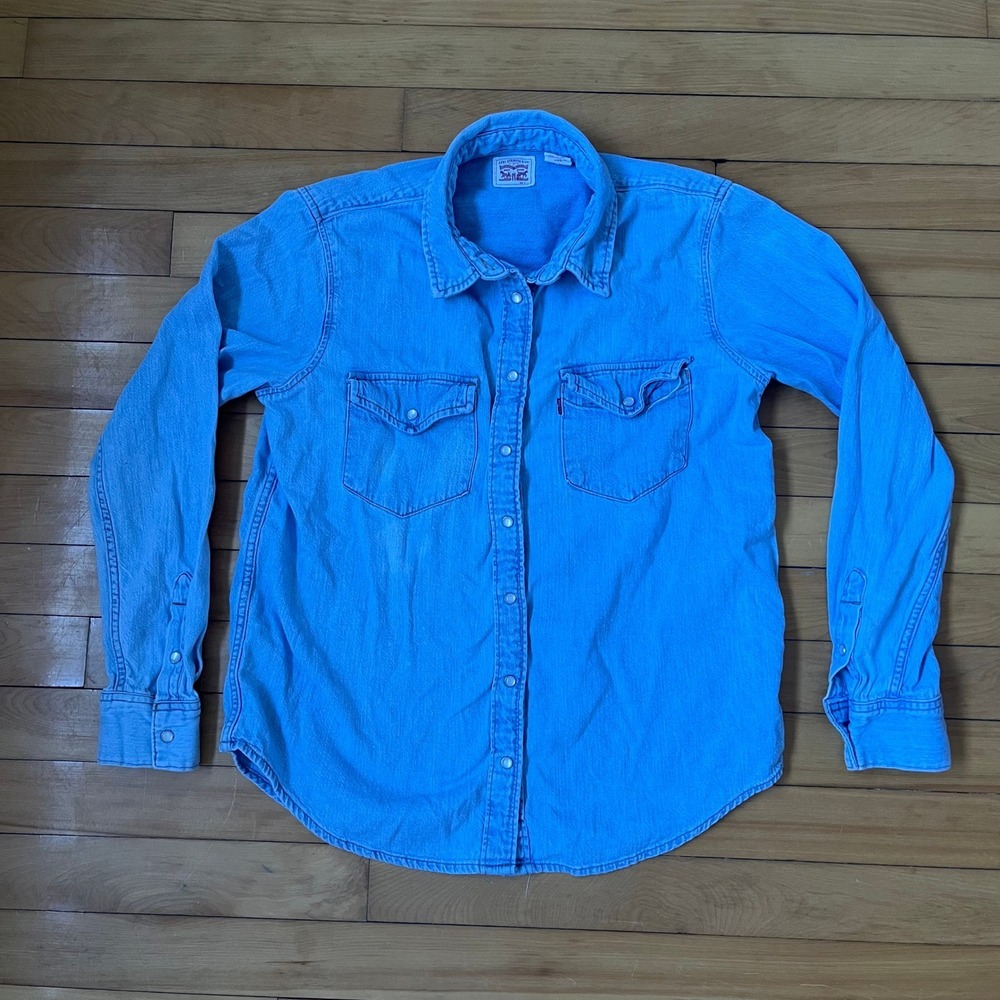 Levis Mens Western Denim Shirt Light Wash Pearl Snap Blue Long Sleeve Size M